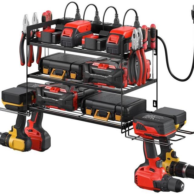 CCCEI Garage Tools Storage with Charging Station. Power Tool Battery Organizer Utility Shelf with Power Strip. 4 Drills Holder Wall Mount Rack, Black 3 Layer.