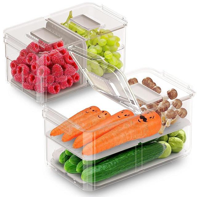 WAVELUX Produce Saver Containers for Refrigerator, Food Fruit Vegetables storage, 2 Pcs Stackable Fridge Organizer, Fresh Keeper Drawer Bin Basket with Vented Lids, Removable Drain Tray & Folding Lid
