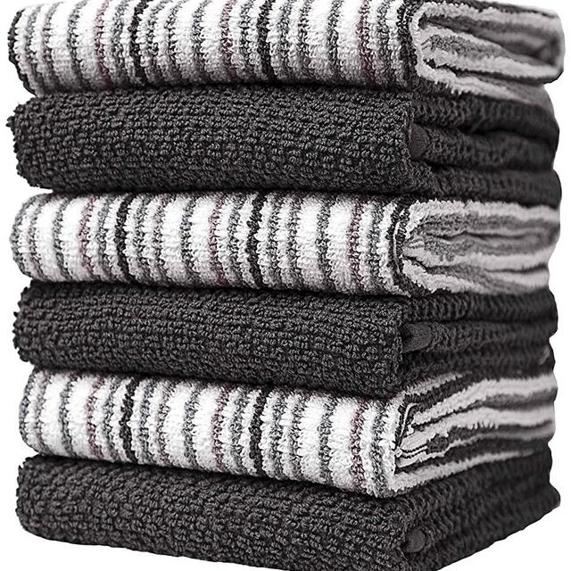 Premium Kitchen Towels (16”x 26”, 6 Pack) – Large Cotton Kitchen Hand Towels –Popcorn Stripe Design – 400 GSM Highly Absorbent Tea Towels Set with Hanging Loop – Grey