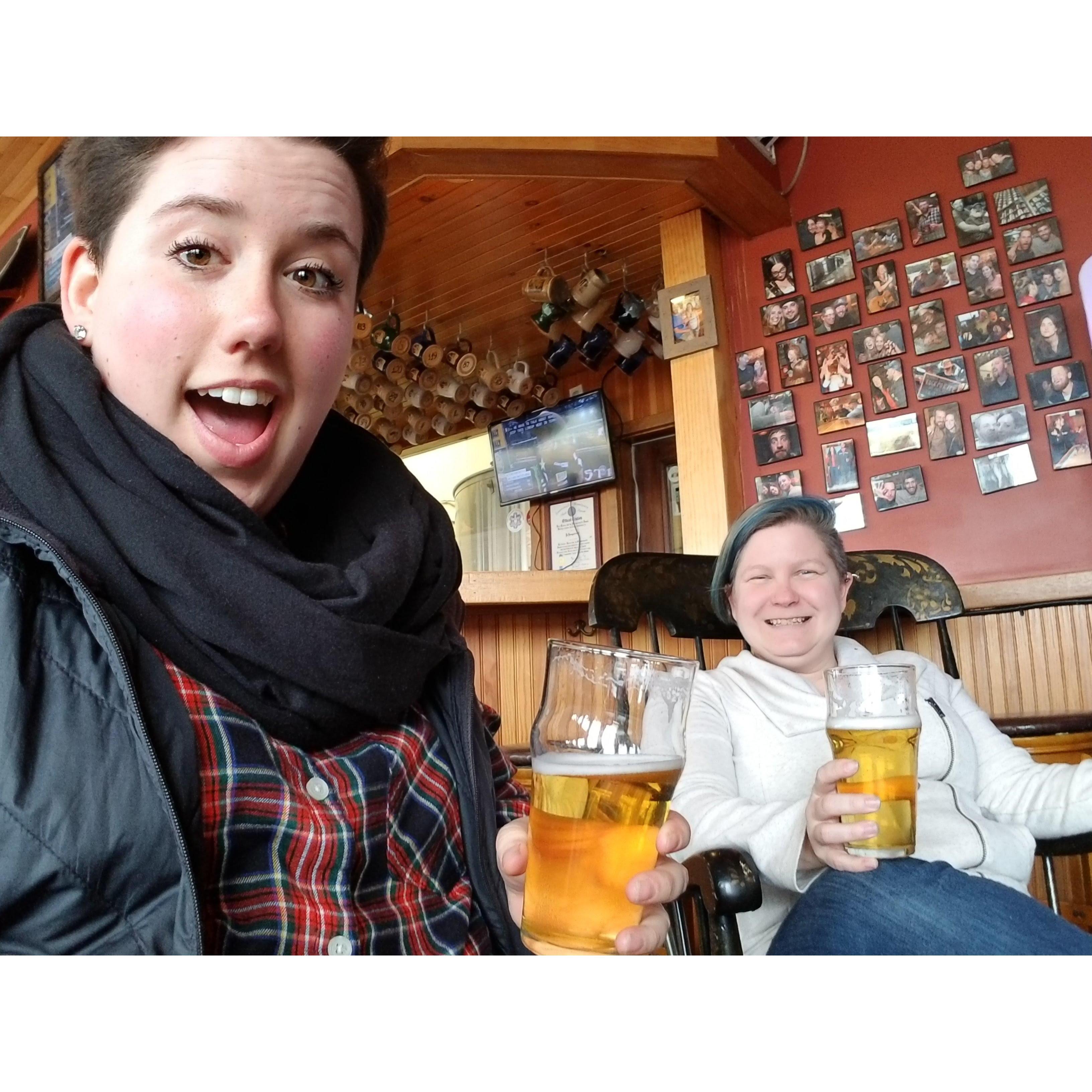 Drinking beers in rocking chairs at Cape Ann Brewing (Spring 2018)