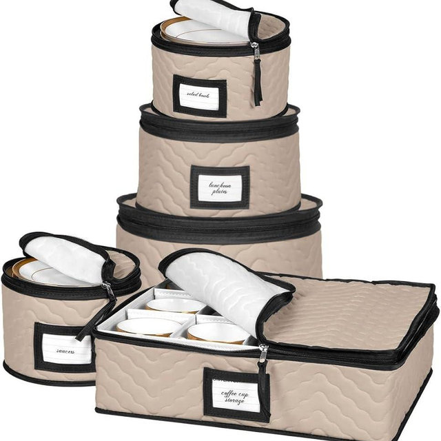 China Storage Containers 5-Piece Set Moving Boxes for Dinnerware, Glasses, Plates, Mugs and Saucers Sturdy Quilted Microfiber Dish Organizer with Dividers for Seasonal Storage - Brown