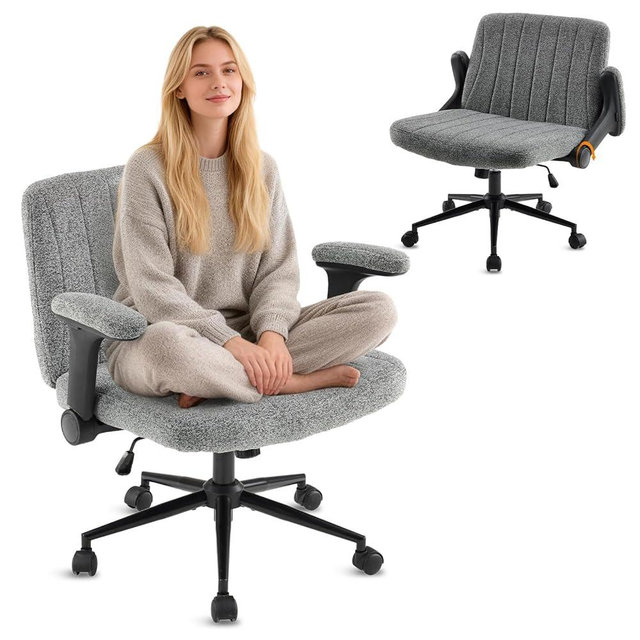 VINGLI Criss Cross Chair with Adjustable Flip-Up Arms,Cross Legged Chair with Wheels, Extra Wide Office Chair,Cozy Desk Chair for Home Office, Vanity, Apartment,Chenille Velvet,Grey