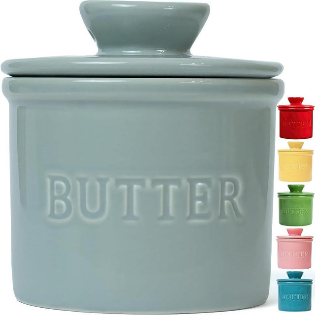 PriorityChef French Butter Crock for Counter With Water Line, On Demand Spreadable Butter, Ceramic Butter Keeper to Leave On Counter, French Butter Dish, Light Grey