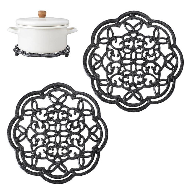 BTSKY 2 Pack Round Cast Iron Trivet with Rubber Feet for Hot Dishes, Heat Resistant Metal Trivet for Hot Pots, Pans, Plates or Teapots, Sturdy Kitchen Pot Holder for Countertop, Stovetop & Table