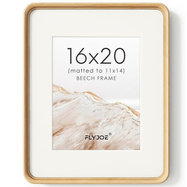 16 x 20 Picture Frame, USA-Sourced Natural Beech Wood Photo Frame with Tempered Glass, Handcrafted Rounded Corner 16x20 Wooden Frame Matted to 11x14 Photos, Horizontal or Vertical Wall Mounting