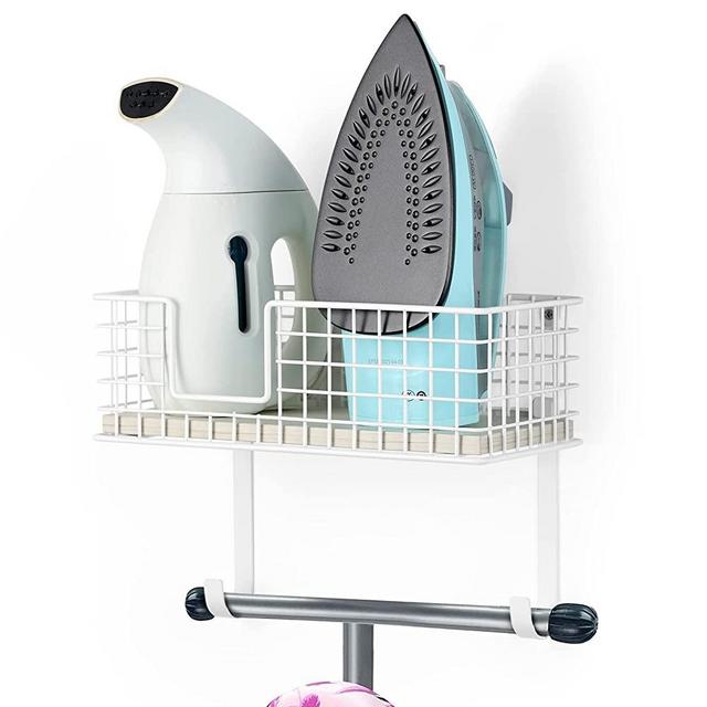 Ironing Board Hanger Wall Mount Iron Holder with Storage Shelf Laundry Room Iron and Ironing Board Organizer with Large Storage Basket and Removable Hooks, White