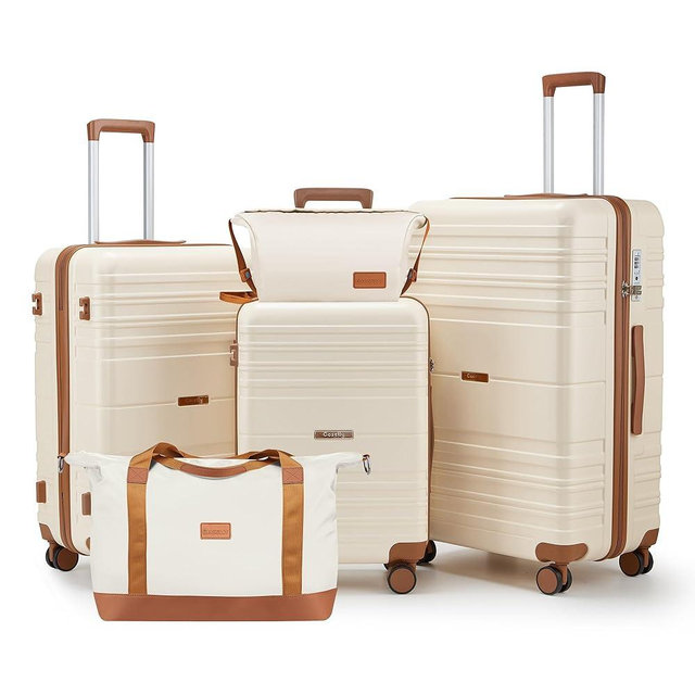 CASELLY Luggage Sets with spinner wheels, PC+ABS Hard Shell Travel Luggage,Lightweight Carry-on suitcases with TSA Lock,YKK Zippers (Beige, 5 piece sets(20/24/28/DB/TB))