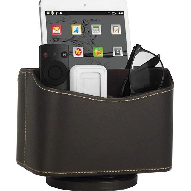 HofferRuffer Spinning Remote Control Holder, Remote Controller Holder, Remote Caddy, Media Storage Organizer, Spinning Remote Control Organizer, 7.3X 5.5 x 6 inches, Brown PU Leather
