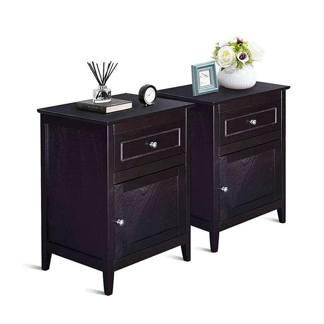 Giantex Wooden End Table with Drawer, 2-Tier Storage Side Table Bedside Sofa Table for Living Room, Bedroom, Solid Structure & Eco-Friendly Pine Material Espresso Coffee Table Nightstand (2)
