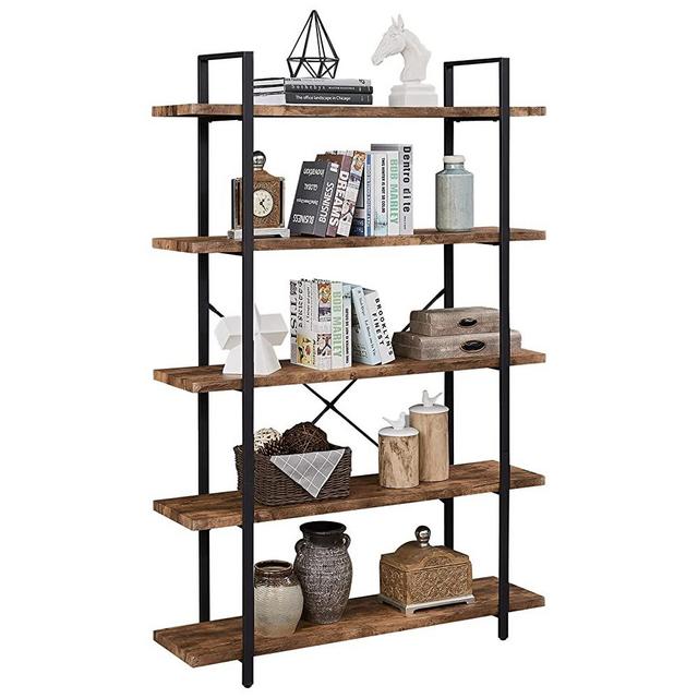 SUPERJARE 5-Shelf Industrial Bookshelf, Open Etagere Bookcase with Metal Frame, Retro Book Shelf, Storage Display Shelves, Wood Grain - Rustic Brown