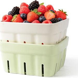 AELS Ceramic Berry Basket, 5.9" Large Size Container for Fruit & Vegetables, Farmhouse Fruit Bowl, Strawberry Decor, Farmers Market, Stoneware Harvest Bowls for Kitchen, Cream White Matcha Latte Green