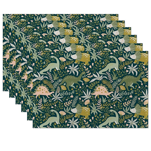 Cute Dinosaur Placemats Set of 6,Tropical Leaf Flower Place Mats Heat Resistant Washable Non-Slip Table Mats for Party Kitchen Dining Decor 12x18 Inch