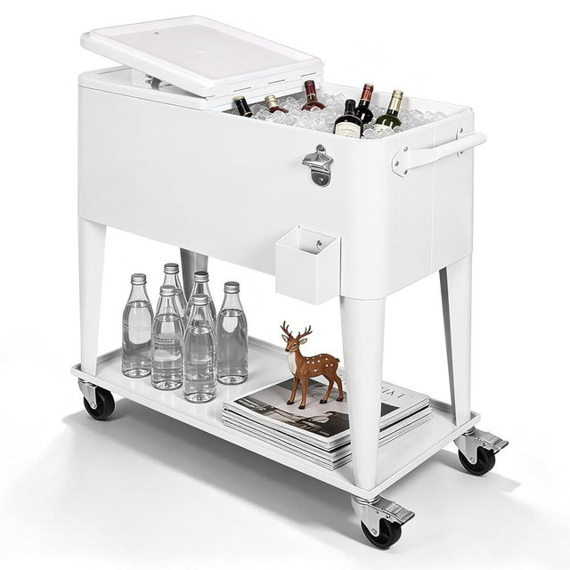 SHAREWIN 80QT Rolling Cooler Cart with Wheels, Ice Chest Outdoor Backyard Coolers on Wheels with Large Storage Space, Portable Drink Beverage Bar for Patio Pool Party with Shelf and Bottle Opener