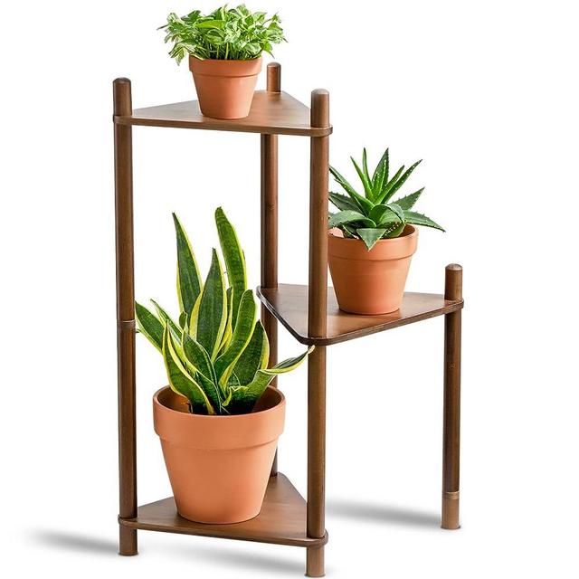 Fidomat Plant Stand Indoor, Bamboo Plant Stand 3 Tier Corner Display Rack, Flower Shelf for Multiple Plants Corner Tall for Patio Garden Living Room Balcony Bedroom No Srews Tool and Assembly 3 Min (3-Tier 3-Pot Vintage Black Walnut)