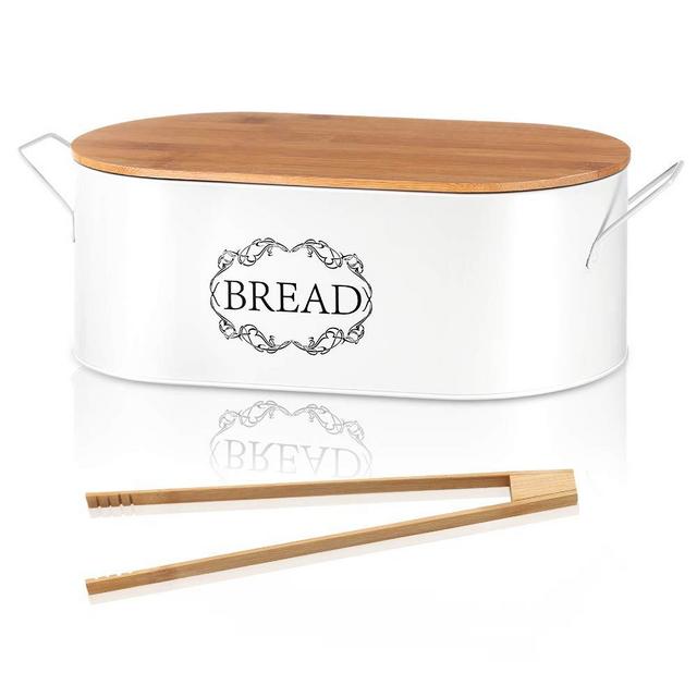 Bread Box with Handles & Bamboo Tongs, Modern Metal Bread Bin Bamboo Cutting Board Lid, Large Bread Storage Organizer Bread Container Space Saving Bread Holder for Kitchen Counter (40 x18 x12cm)