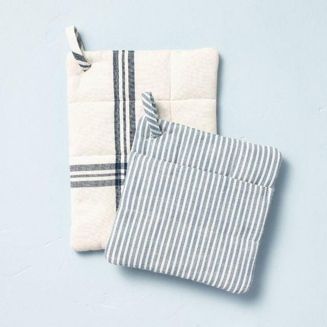 2pc Plaid & Tick Stripe Potholder Set Blue/Sour Cream - Hearth & Hand™ with Magnolia