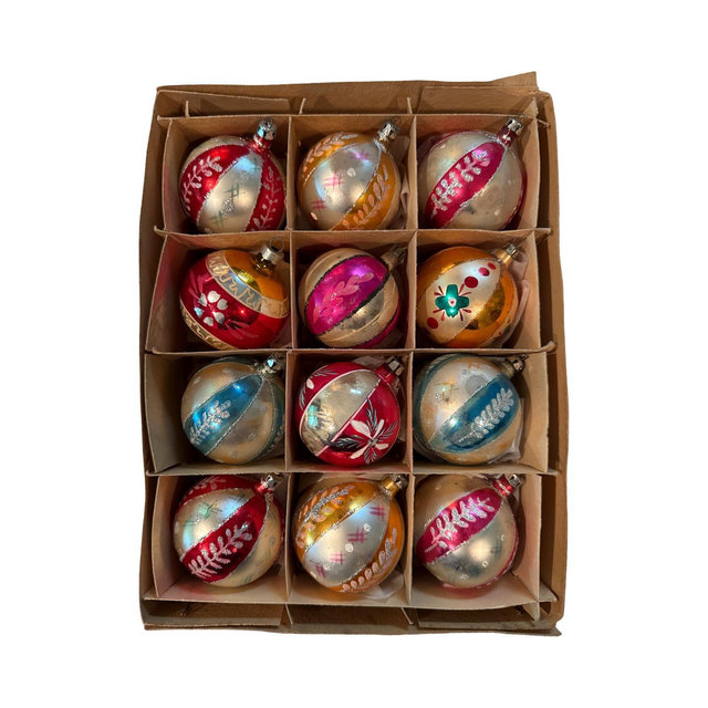 Set of 12 Vintage Blown Glass Hand Painted Blown Glass Polish Christmas Ornaments