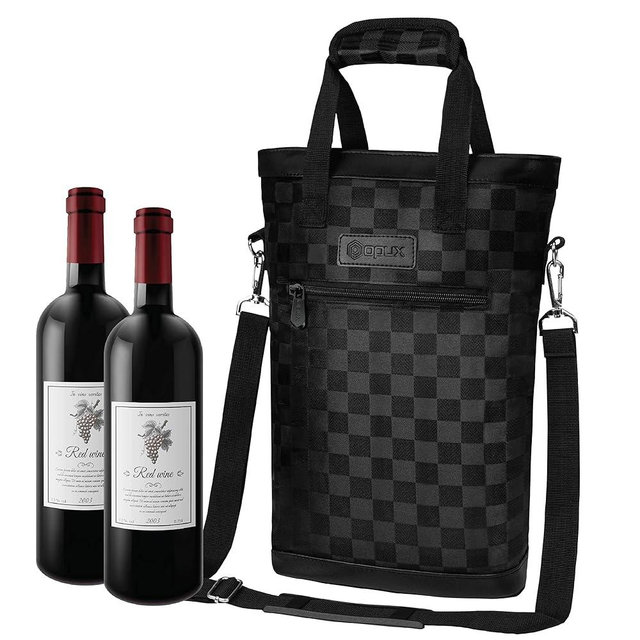 OPUX Two Bottle Wine Bag Carrier Tote, Insulated Leakproof 2 Bottle Cooler for Travel BYOB Picnic, Portable Wine Case, Gift for Men Women, Checker Black