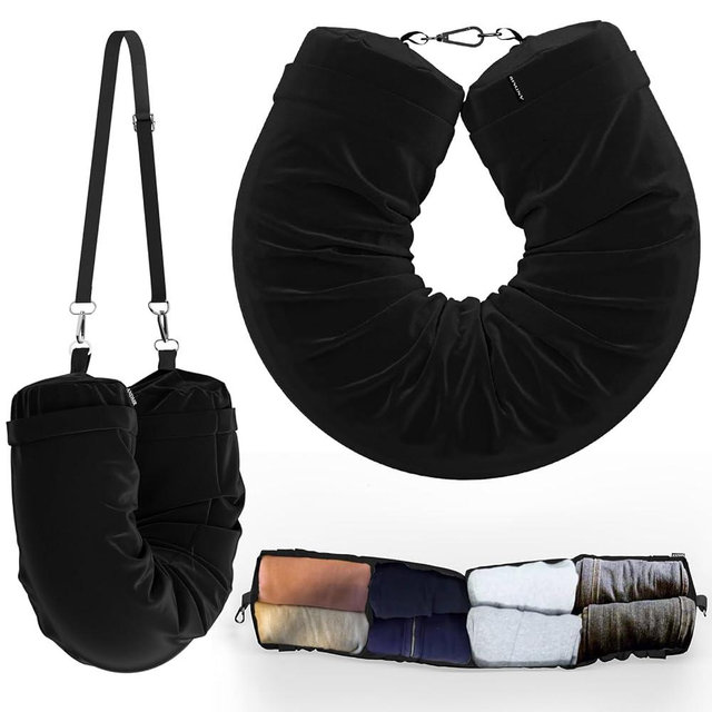 ANDMR Travel Neck Pillow Stuffable with Clothes - No Extra Baggage Fees, Fits 3+ Days of Travel Storage Bag, Travel Pillows for Sleeping Airplane, No Filler, Velvet (Black)