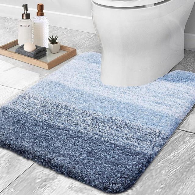 OLANLY Luxury Toilet Rugs U-Shaped, Extra Soft and Absorbent Microfiber Bathroom Rugs, Non-Slip Plush Shaggy Toilet Bath Mat, Machine Wash Dry, Contour Bath Rugs for Toilet Base, 20x20, Blue