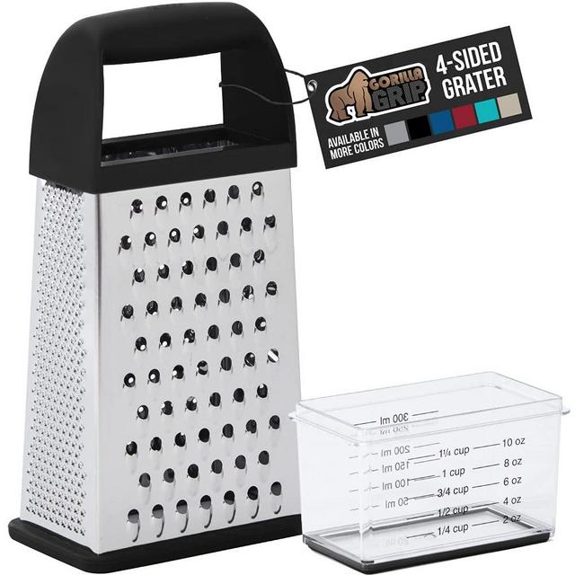 Gorilla Grip Box Grater, Stainless Steel, 4-Sided Graters with Handle for Cheese, Vegetables, Ginger, Handheld Food Shredder, Zester, Detachable Storage Container with Lid for Kitchen, 10inch, Black