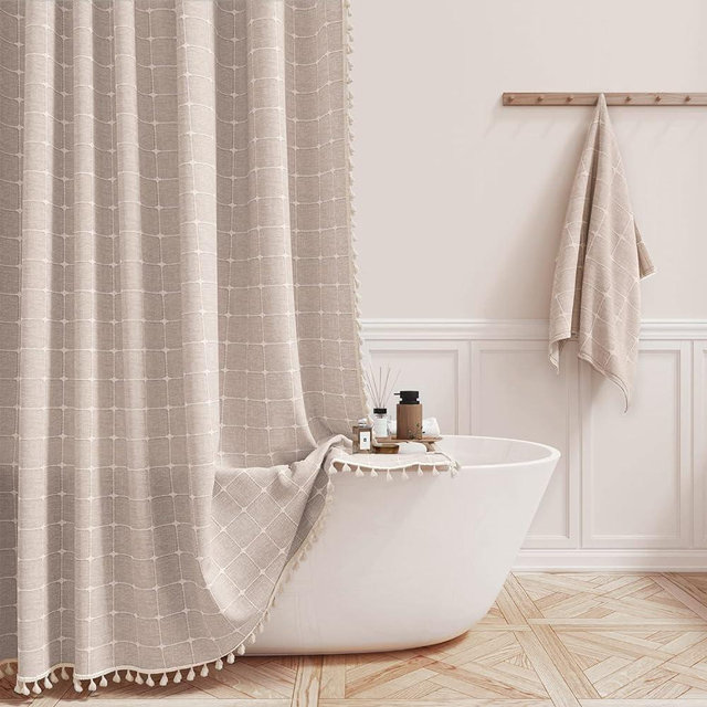 BTTN 60 Inch Stall Shower Curtain, Boho Farmhouse Linen Fabric Tassel Shower Curtain Set with 10 Plastic Hooks, Narrow Country Decorative Water-Repellent Shower Curtains for Bathroom, 60x72, Tan/Taupe
