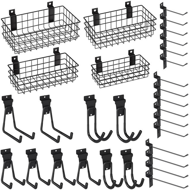 INCLY 30PCS Slatwall Accessories Set, Includes 4 Pack Ventilated Metal Wire Slatwall Baskets and 26PCS Multisized Heavy Duty Slatwall Hooks for Garage Rooms Shops Storage Organizing Display
