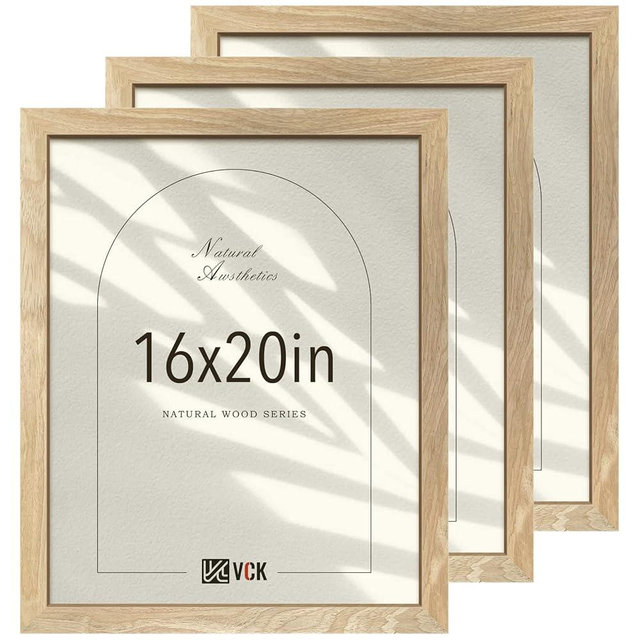 VCK 16x20 Poster Frames for Wall - 3 pack, Beige Natural Solid Wood Picture Frame, Exclusive Wood Grain