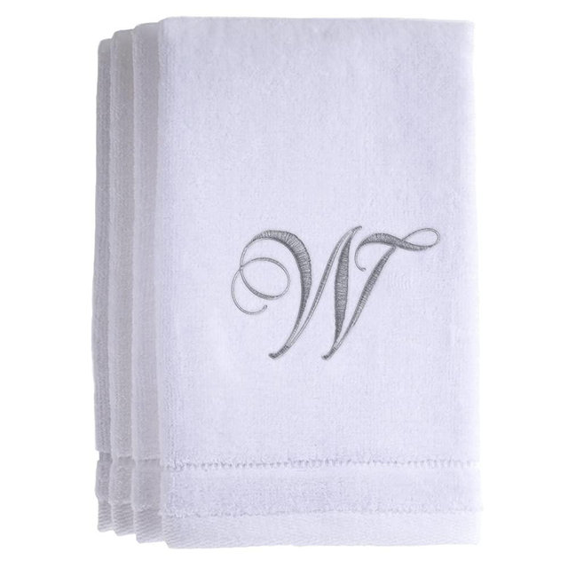 Monogrammed Towels Fingertip, Personalized Gift, 11 x 18 Inches - Set of 4- Silver Embroidered Towel - Extra Absorbent 100% Cotton- Soft Velour Finish - For Bathroom/ Kitchen/ Spa- Initial W (White)