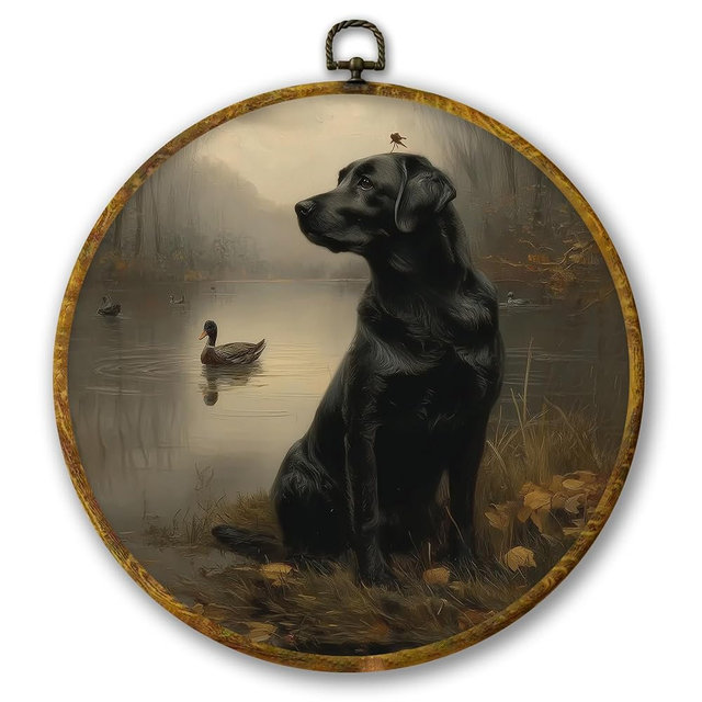 Mcehtle Vintage Labrador Retriever Duck Wall Art Decor, Black Lab Gifts Framed Canvas Prints 10x10, Rustic Farmhouse Dog Duck Round Wall Hanging Artwork Decorations for Home Bedroom Living Room