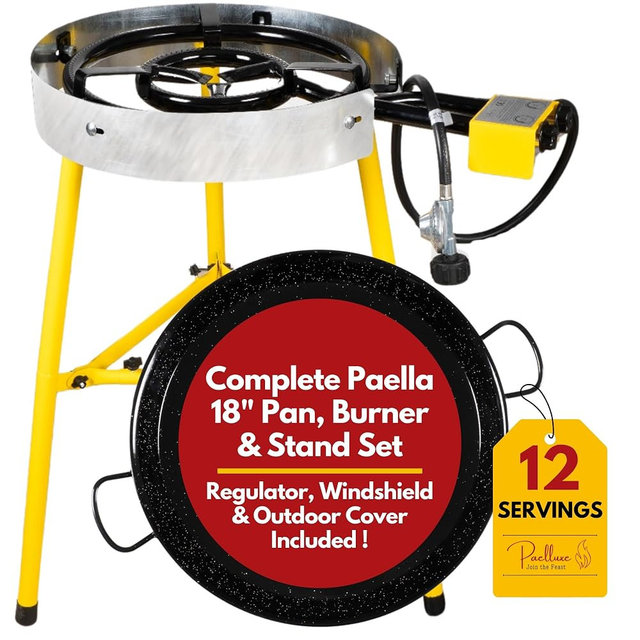 Paelluxe Paella Burner Stand & Regulator Set with 18 Inch Pan -12 Servings | Dual Burner Rings, Individual Heat Control, Windshield & Outdoor Cover Included, CE Certified, Ready to Use Complete Set