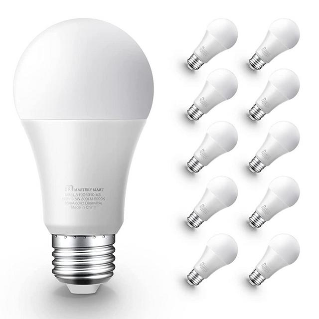 MASTERY MART Led Light Bulbs 9.5 Watt [60 Watt Equivalent], A19 - E26 Dimmable, 5000K Daylight White, 800 Lumens, Medium Screw Base, Energy Star, UL Listed (Pack of 10)