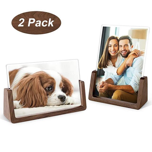 Mixoo 4x6 Wood Photo Picture Frame 2 Pack - Rustic Wooden Picture Frame with Walnut Wood Base and High Definition Break Free Acrylic Covers for Tabletop or Desktop Display (Horizontal + Vertical)