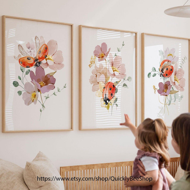 Ladybug Art Print Nature Wall Decor, Nursery Artwork Insect Themed Home Decor Cute Floral Print, Printed set of 3 posters