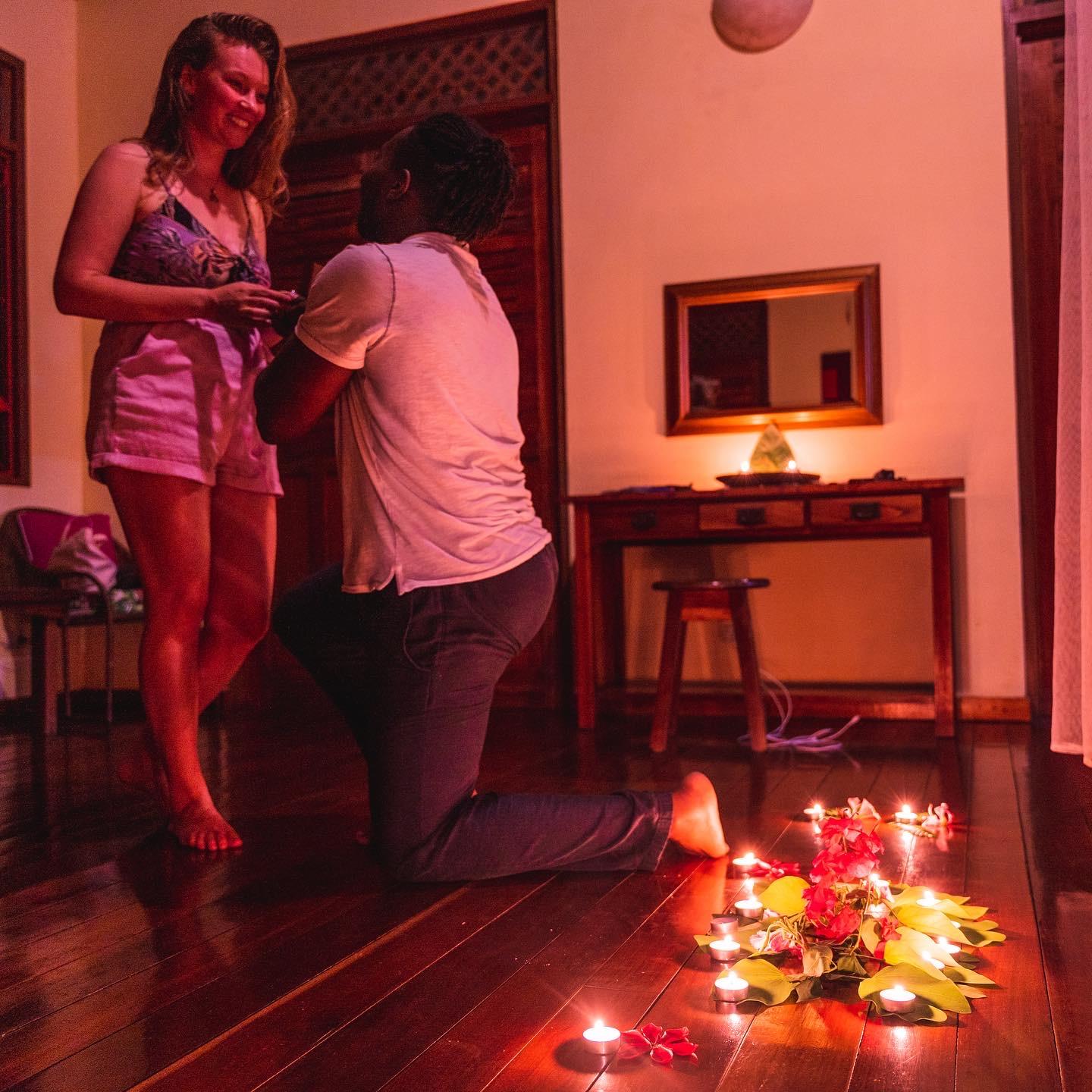 Eb proposed on a trip to Puerto Viejo, Costa Rica in a chalet filled with tropical flowers.  After saying YES! We spent an incredible day together taking an electric bike to Manzanillo beach reserve