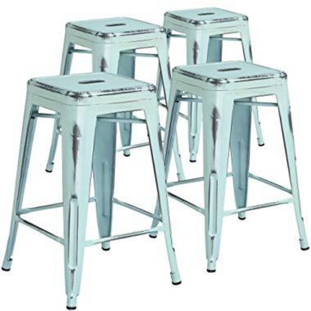 Flash Furniture 4 Pk. 24'' High Backless Distressed Green-Blue Metal Indoor-Outdoor Counter Height Stool - 4-ET-BT3503-24-DB-GG