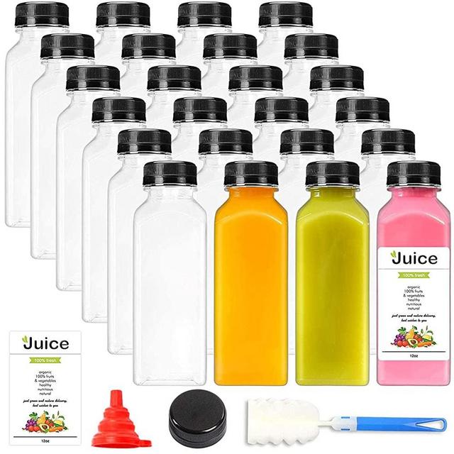 24 Pack 12oz Reusable Plastic Juice Bottles with Caps, Empty Clear Juice Containers with Tamper Seal Lids for Juicing, Drinks and Other Beverages
