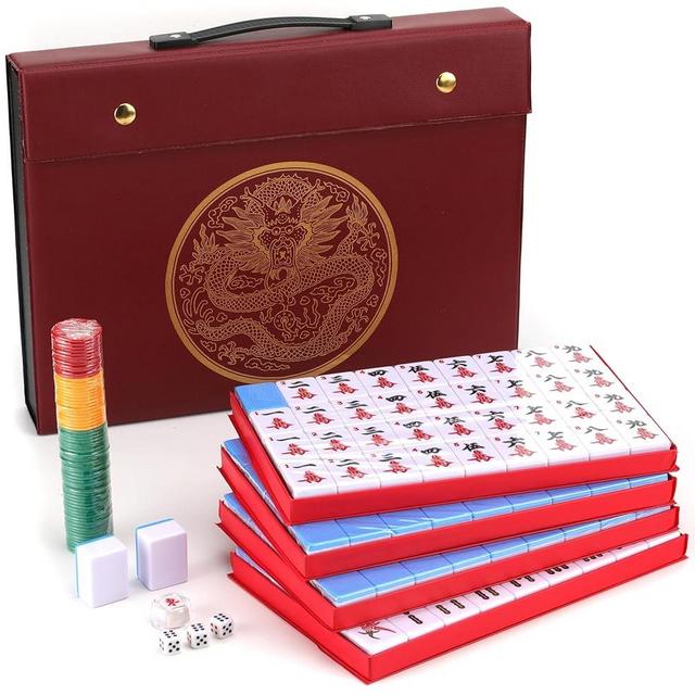 Mose Cafolo Chinese Mahjong Game Set 1.5" X-Large 144 Numbered White Blue Melamine Tiles with Carrying Travel Case,Complete Majong Majiang, Mah Jonng Game Set