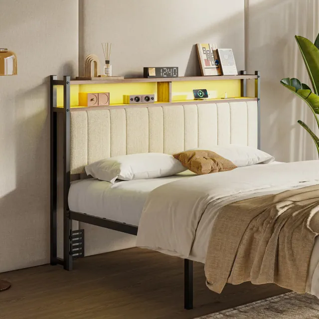 Pinmoco Headboard for Queen Size Bed with Storage, Linen Upholstered Head Board with LED Lights and Charging Ports, Beige