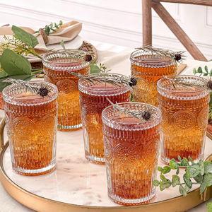 Kate Aspen Vintage Textured Clear Striped Drinking Glasses Set of 6, (13 oz) Ribbed Glassware Set with Flower Design | Cocktail Set, Glass Cups, Iced Coffee Cup
