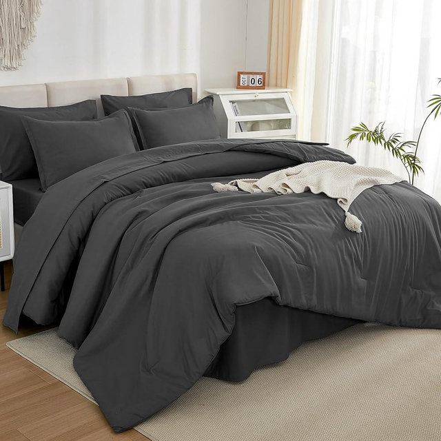 Litanika Comforter King Size Set Dark Grey - 7 Pieces Bed in a Bag King Beddding Comforter Sets, Plain Lightweight Bed Set with Comforter, Sheets, Pillowcases & Shams