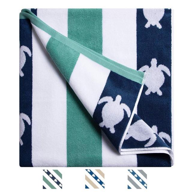 CABANANA Plush Oversized Beach Towel - Cotton Fluffy 35 x 70 Inch Feldspar Blue Jacquard Turtle Striped Pool Towel, Large Summer Swim Cabana Towel