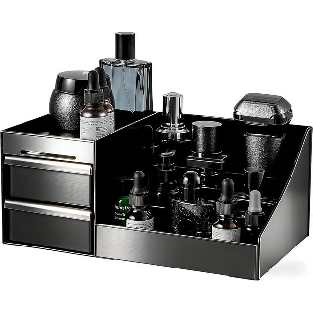 UFORU Large Black Vanity Organizer for Men, Countertop Cologne Organizer with Drawers, Perfume Stand & Mens Skincare Storage, Deodorant Display for Bathroom Bedroom Dresser, Ideal Gifts for Men