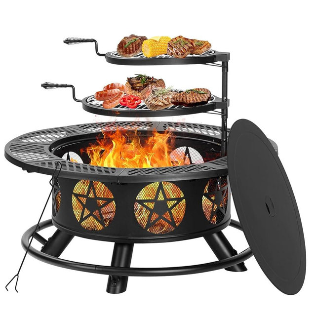 42 Inch Fire Pit with 2 Grills, Extra Large Wood Burning Fire Pits for Outside with Lid & Poker, Heavy Duty Firepit,BBQ& Outdoor Fire Pit & Round Metal Table 3 in 1 for Patio, Picnic, Party