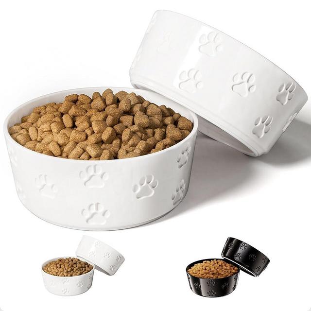 Ceramic Dog Bowl Set with Anti-Slip Rings - 7.5" Round x 3" Tall Set of 2 Ceramic Dog Bowls for Large Dogs - Heavy and Hard to Move - Food and Water - White with Cute Paw Print Pattern - Stoneware