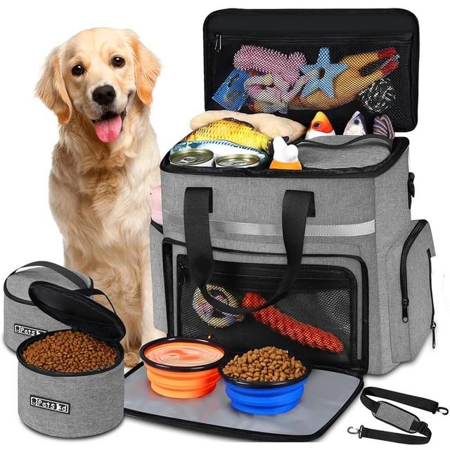 Petskd Dog Travel Bag for Supplies, 27L Large Space Pet Organizer Backpack, Airline Approved Dog Weekend Bag with Multi-Function Pockets for Overnight Camping with 2 Food Containers, 2 Bowls (Grey)