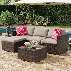 5-Piece Outdoor Sectional Sofa Set, All-Weather PE Rattan Patio Furniture with Ottoman & Tempered Glass Table, Convertible Garden Couch for Backyard, Porch, Poolside (Brown/Light Gray)