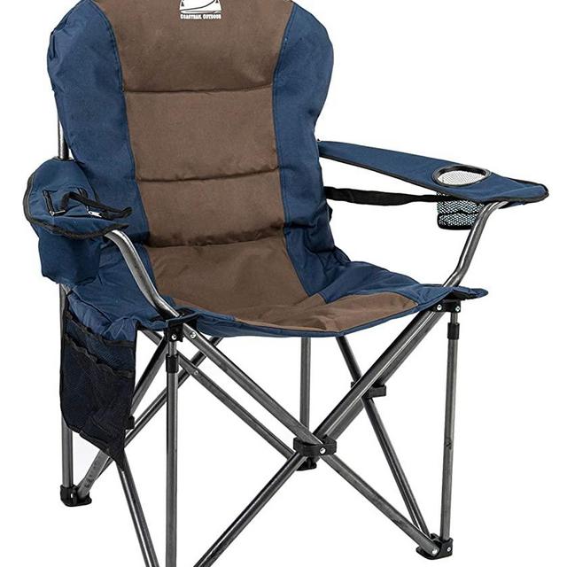 Coastrail Outdoor Camping Chair with Lumbar Back Support, Oversized Padded Lawn Chair Folding Quad Arm Chair with Cooler Bag, Cup Holder & Side Pocket, Supports 400lbs, Brown, XX-Large