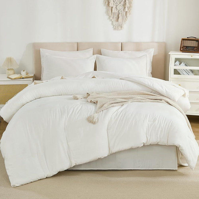 Litanika Queen Comforter Set Ivory - 7 Pieces Bed in a Bag Queen Bedding Comforter Sets, Solid Lightweight Bed Set with Comforter, Sheets, Pillowcases & Shams