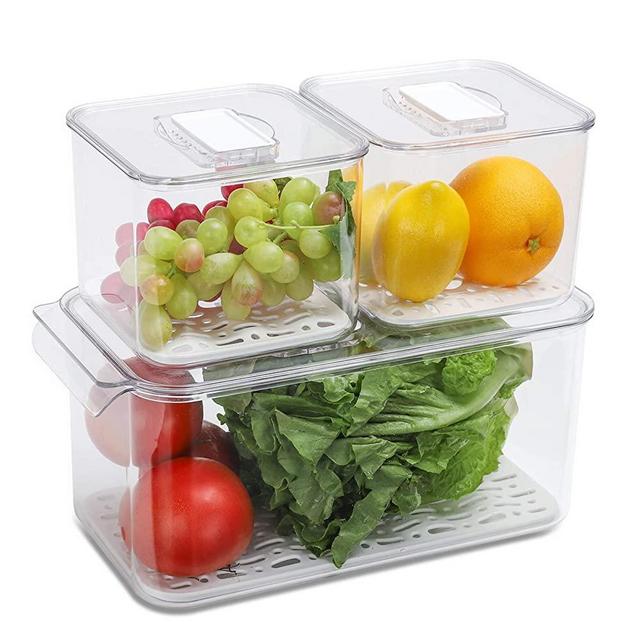 REFSAVER Fridge Storage Containers Produce Saver Stackable Refrigerator Organizer Bins with Removable Drain Tray Fridge Organizer for Fruits and Vegetables 3 Pack